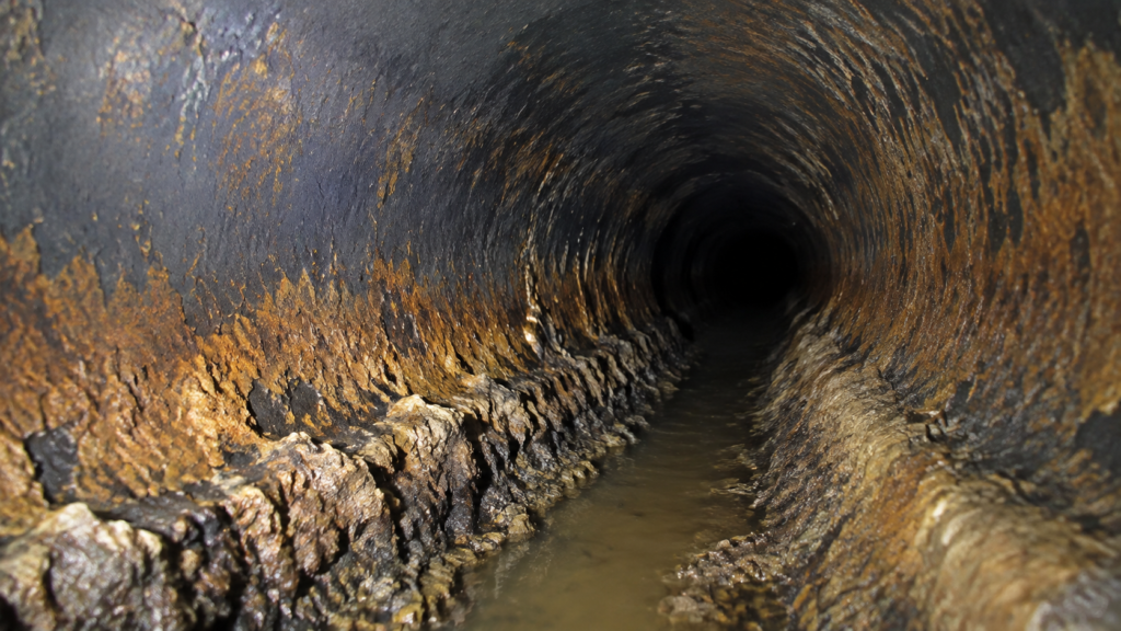Corrosion and scale inside an aging cast-iron drain line in New Orleans