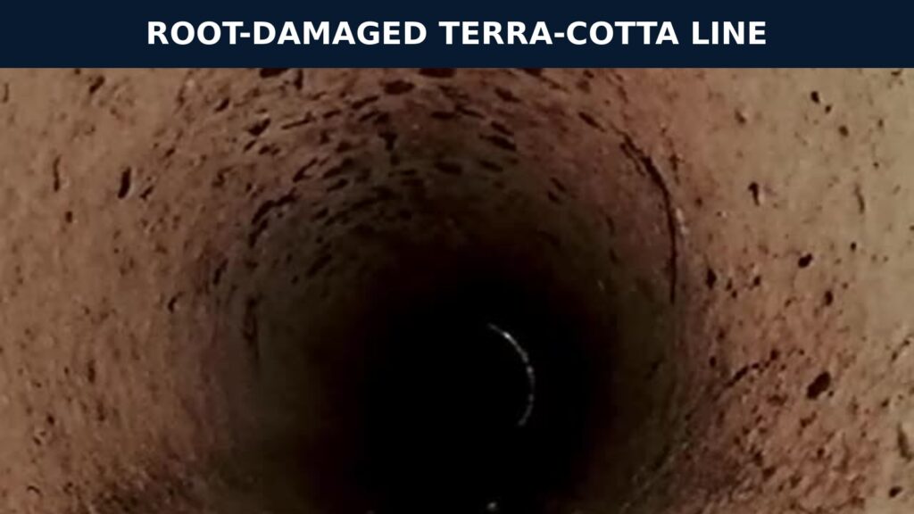 Camera view inside a damaged terra-cotta sewer line at a Baton Rouge multifamily property